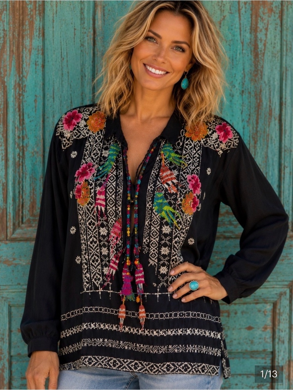 Johnny Was boho embroidered embellished black top XL / 1x